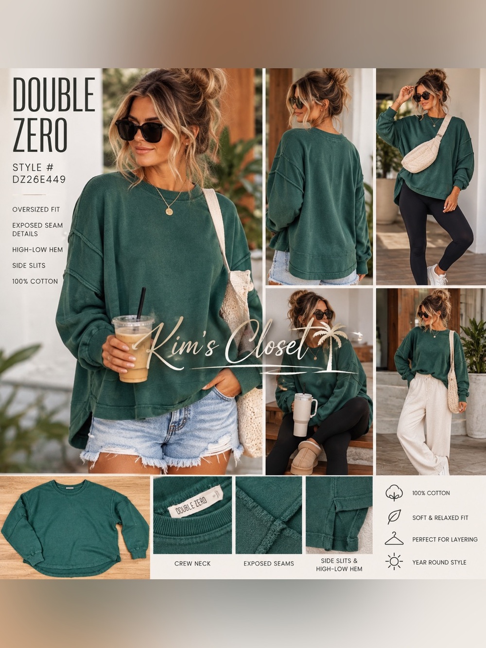 Double Zero Green Oversized Exposed Seam Crewneck Sweatshirt Small